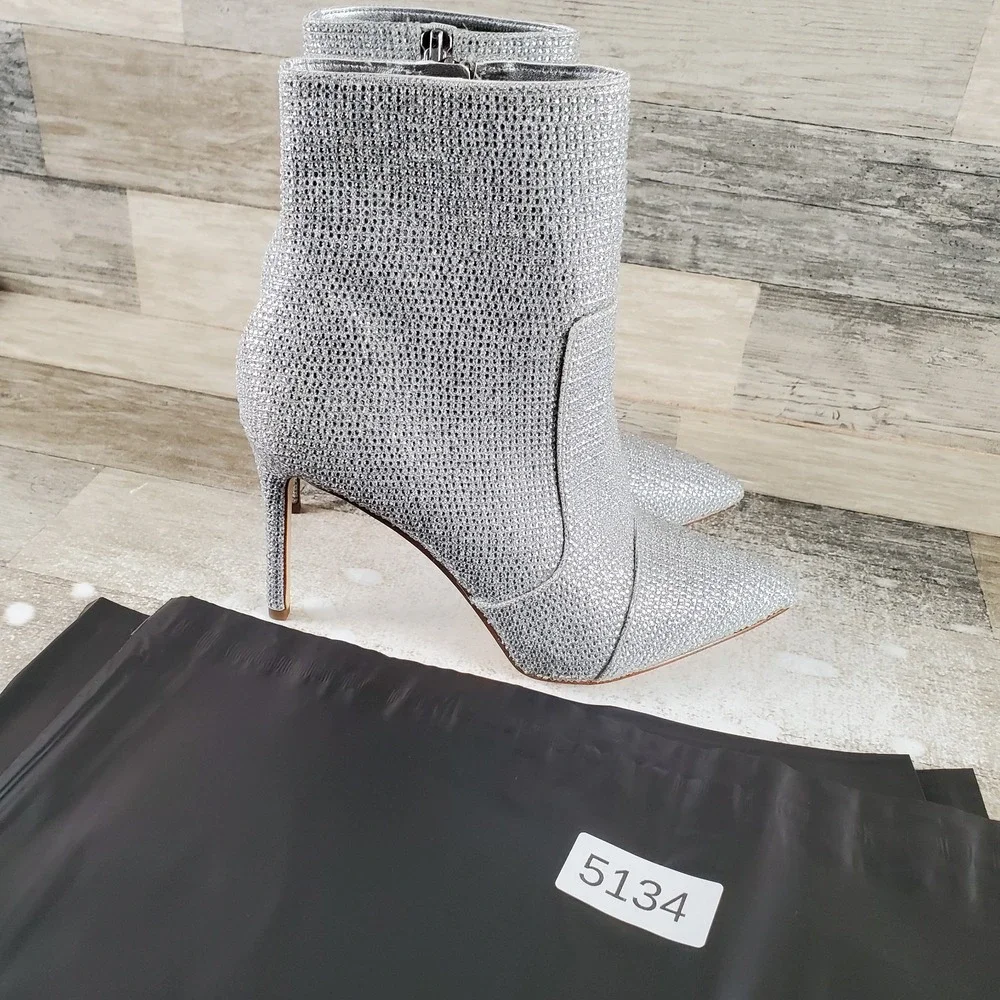 Michael Kors Rue Bootie Womens Sz 6 M Silver Rhinestone Pointy Toe Stiletto Heel